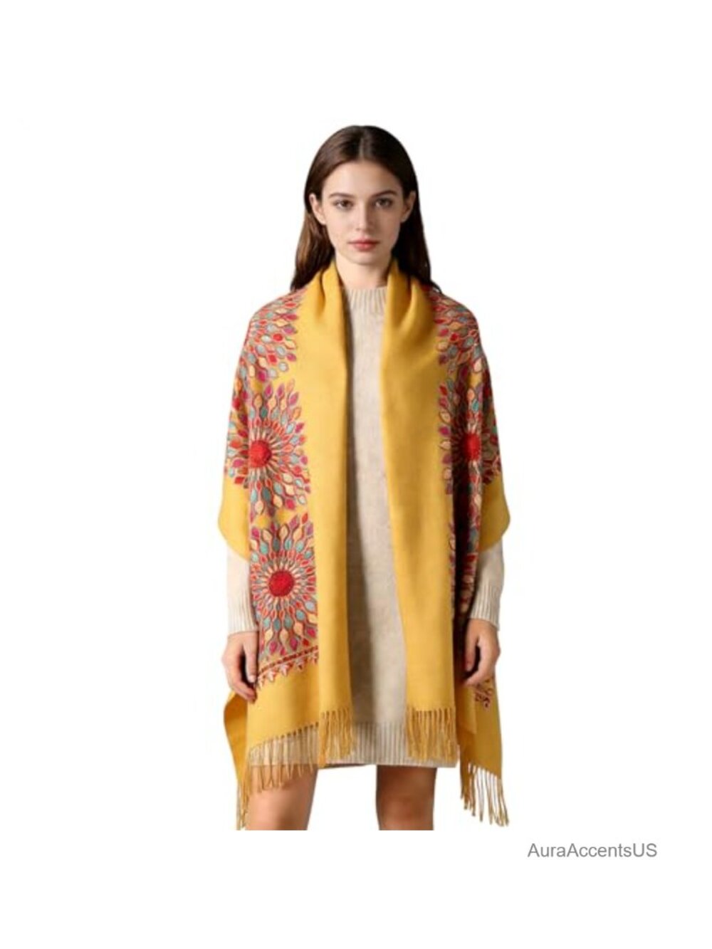 Oversized Cashmere Feel Winter Scarf Sunflower Embroidered Pashmina 78x27